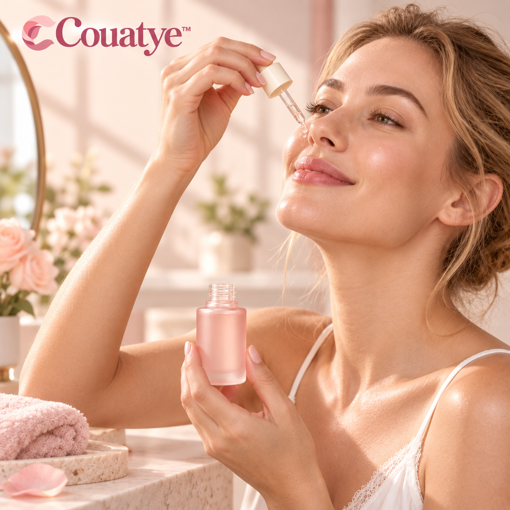 Couatye™ Everyday Hydrating Facial Serum in a Blush Glass Dropper Bottle — lifestyle scene