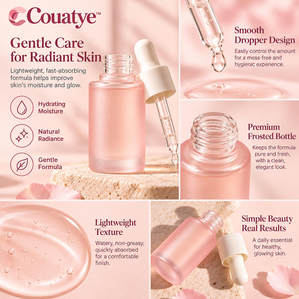 Couatye™ Everyday Hydrating Facial Serum in a Blush Glass Dropper Bottle — supplied detail graphic; claims pending verification