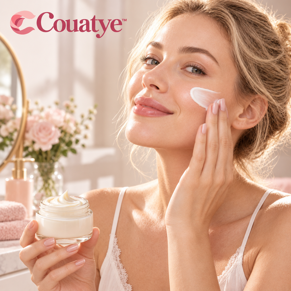 Couatye™ Daily Face Moisturizer in an Ivory Jar with a Rose Lid — lifestyle scene