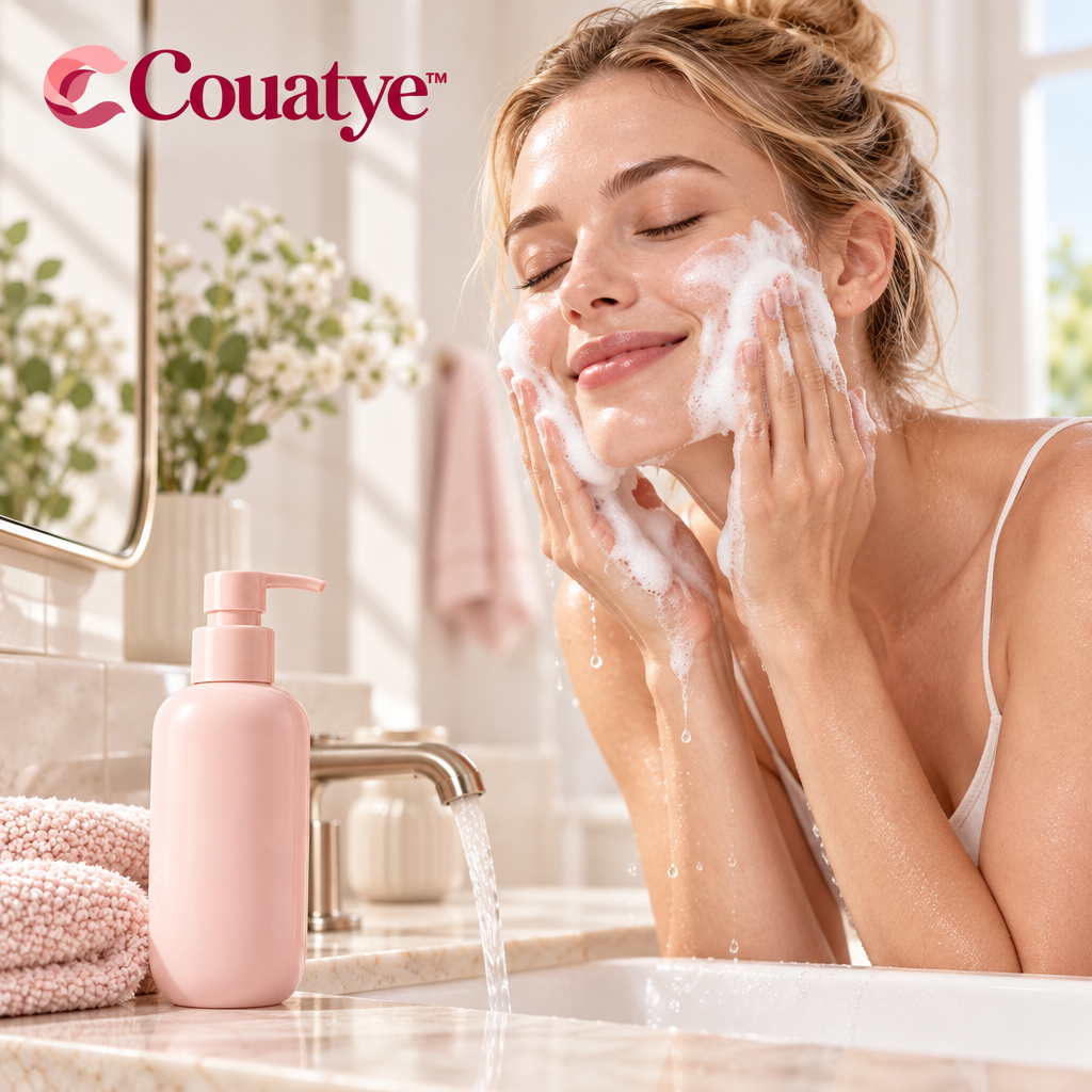 Couatye™ Daily Facial Cleanser in a Blush Pump Bottle — lifestyle scene