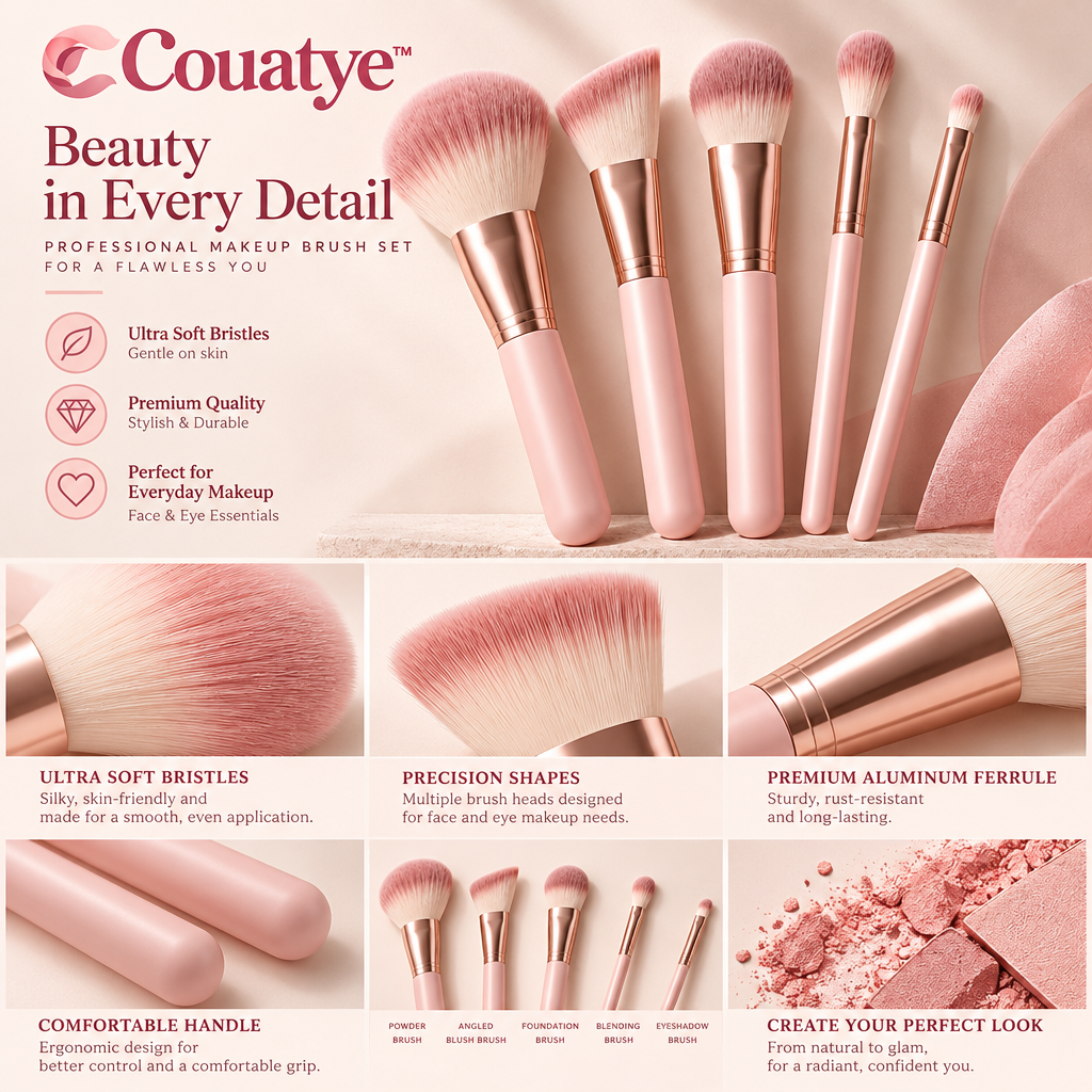 Couatye™ Five-Piece Makeup Brush Set in Blush and Rose Gold — supplied detail graphic; claims pending verification