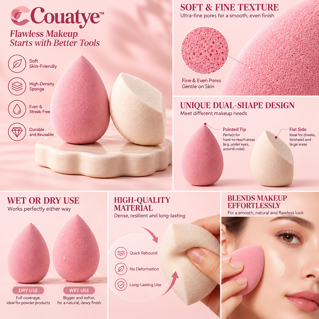 Couatye™ Makeup Sponge Duo with Teardrop and Angled Shapes — supplied detail graphic; claims pending verification