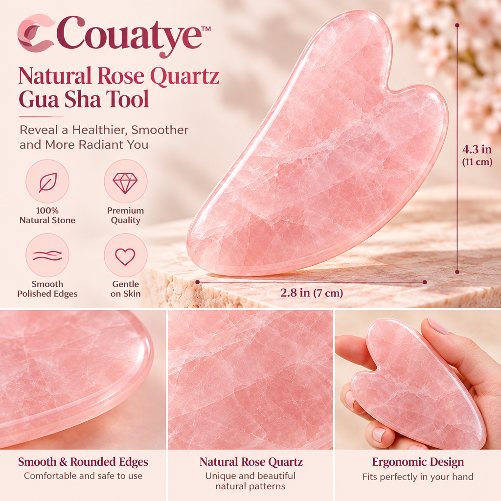 Couatye™ Rose Quartz Gua Sha Facial Tool with Polished Curved Edges — supplied detail graphic; claims pending verification