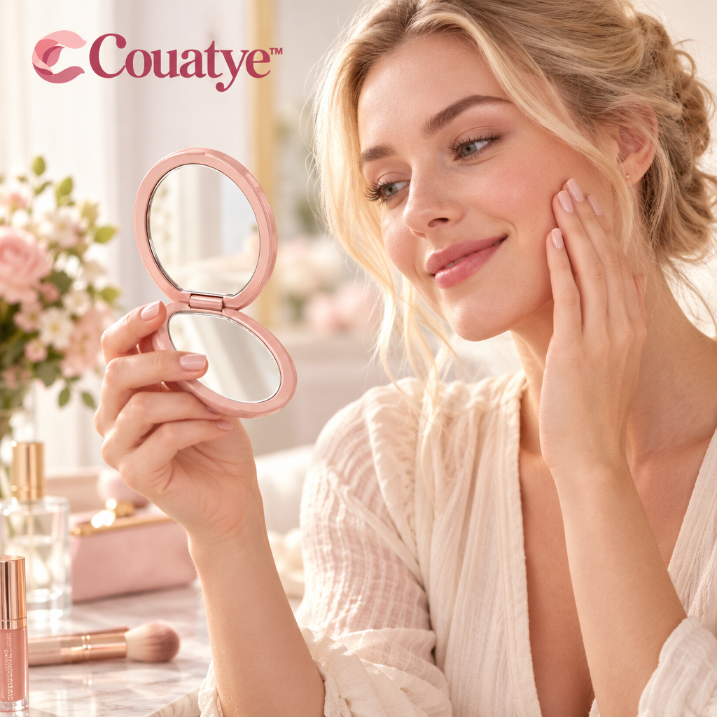 Couatye™ Pearl Blush Folding Compact Mirror — lifestyle scene