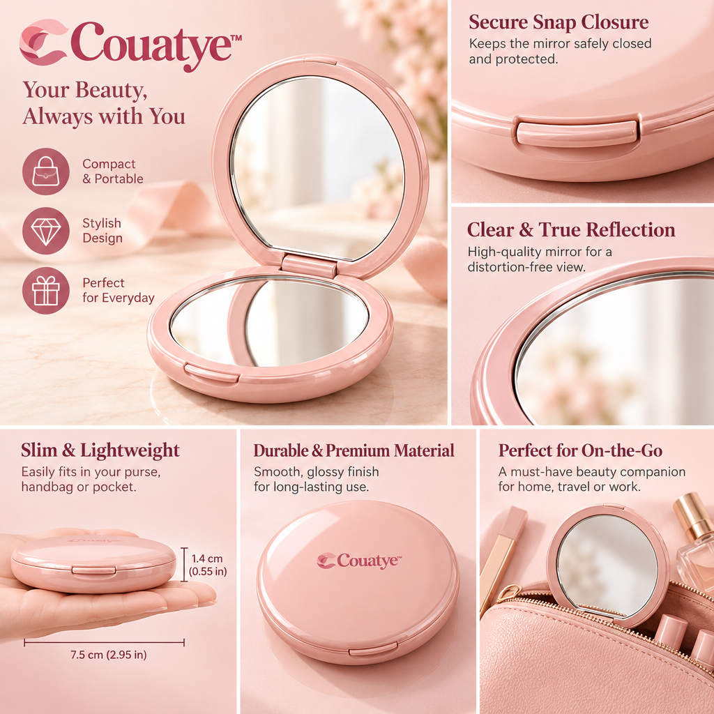 Couatye™ Pearl Blush Folding Compact Mirror — supplied detail graphic; claims pending verification