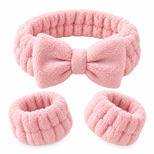 Couatye™ Blush Bow Spa Headband and Wristband Set — full product view