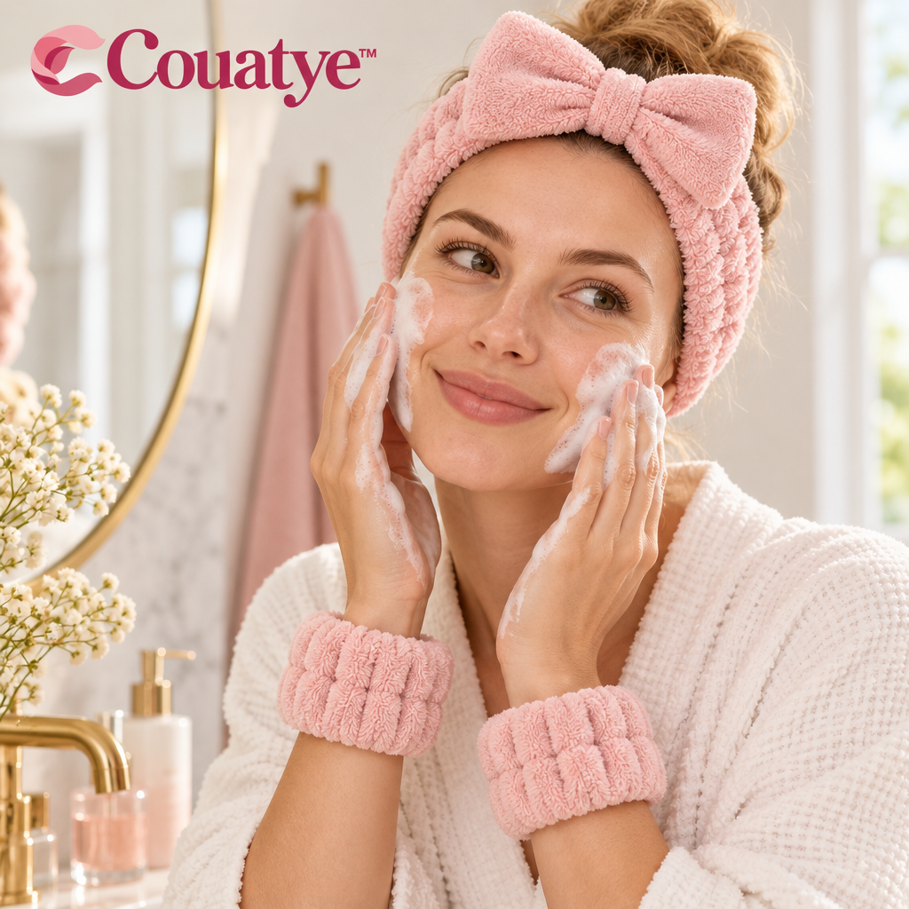 Couatye™ Blush Bow Spa Headband and Wristband Set — lifestyle scene