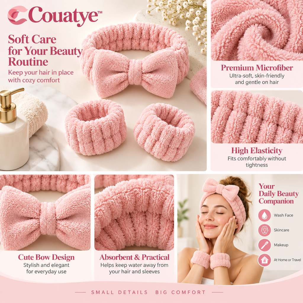 Couatye™ Blush Bow Spa Headband and Wristband Set — supplied detail graphic; claims pending verification