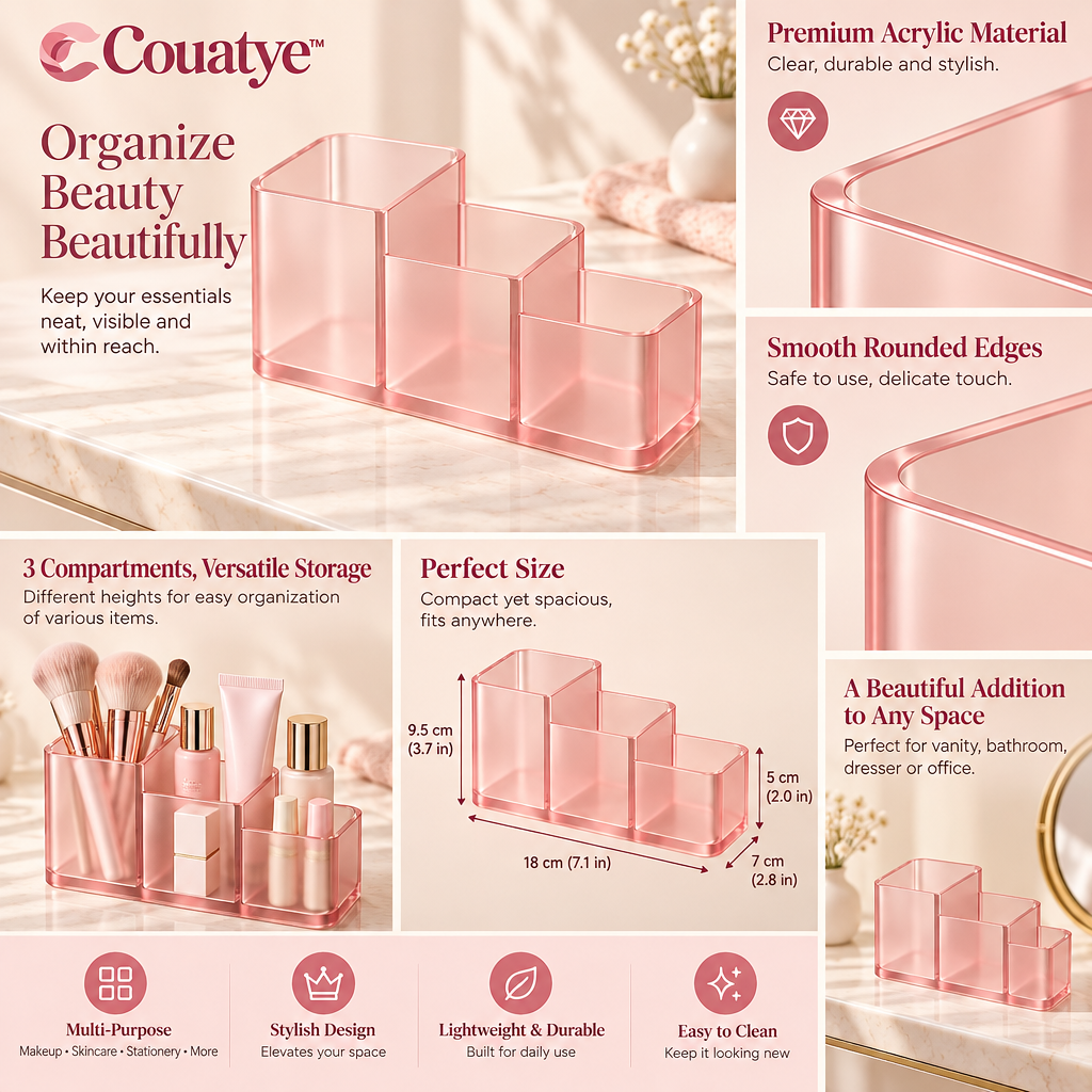 Couatye™ Three-Compartment Blush Vanity Organizer — supplied detail graphic; claims pending verification