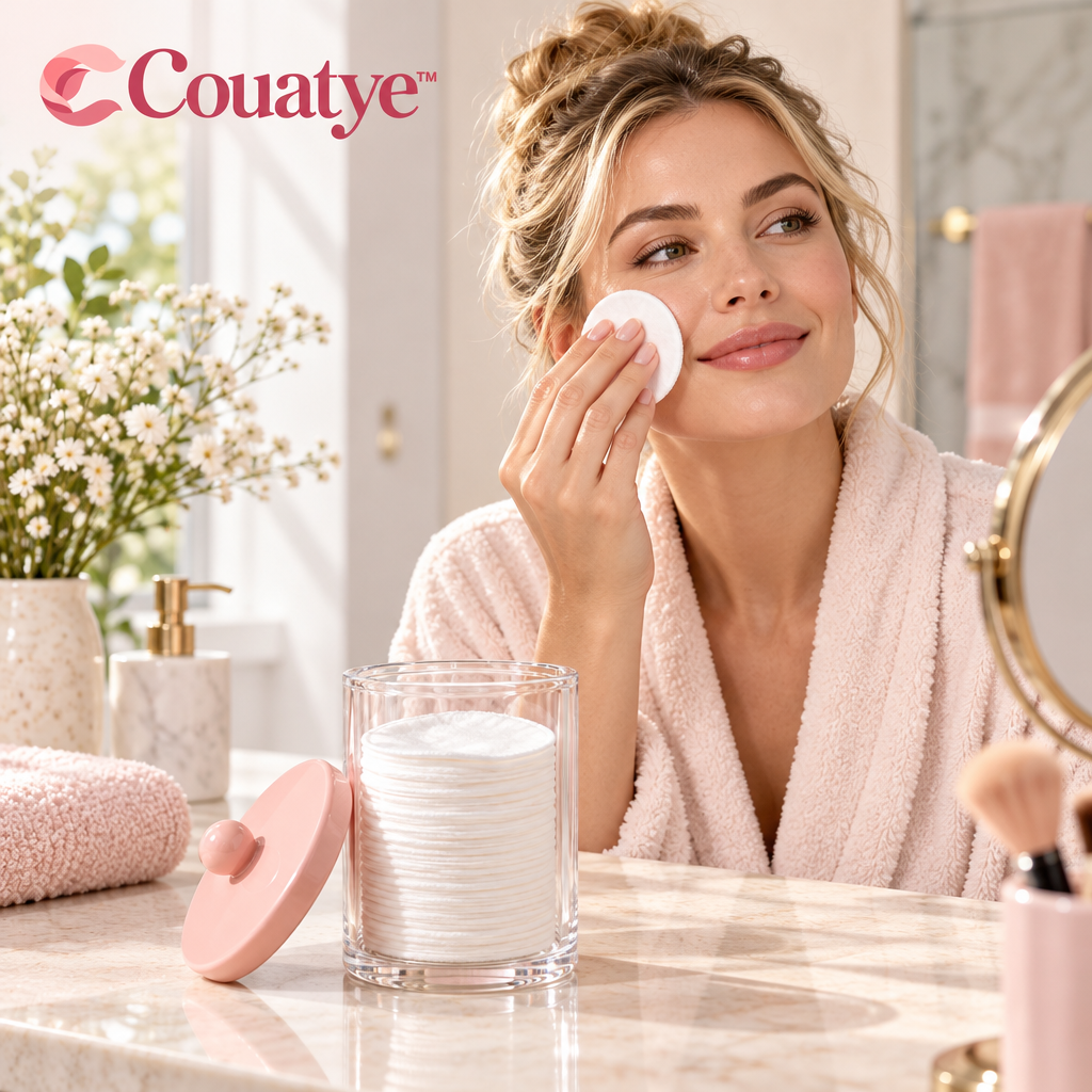 Couatye™ Clear Cotton Pad Canister with a Blush Lid — lifestyle scene
