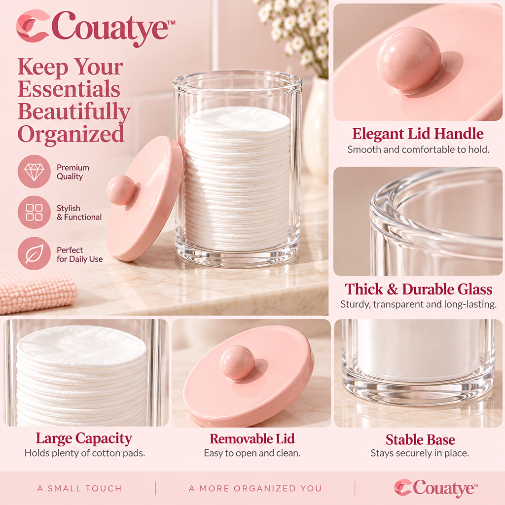 Couatye™ Clear Cotton Pad Canister with a Blush Lid — supplied detail graphic; claims pending verification