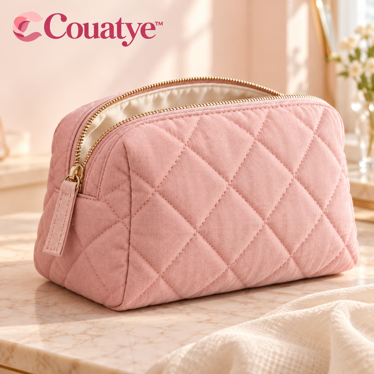 Couatye™ Blush Quilted Cosmetic Pouch with a Cream Lining — logo product image