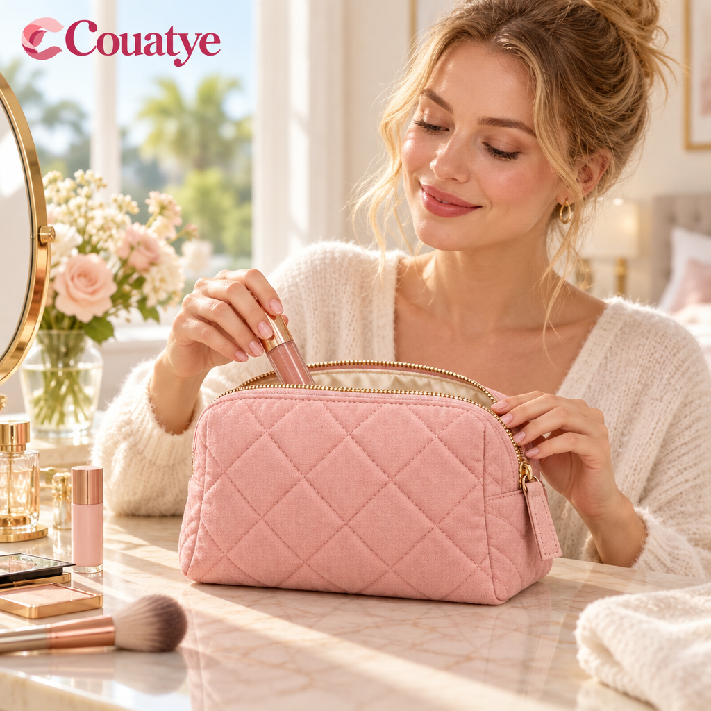 Couatye™ Blush Quilted Cosmetic Pouch with a Cream Lining — lifestyle scene