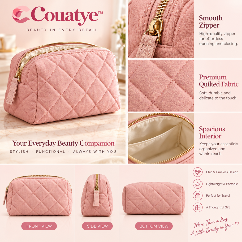 Couatye™ Blush Quilted Cosmetic Pouch with a Cream Lining — supplied detail graphic; claims pending verification