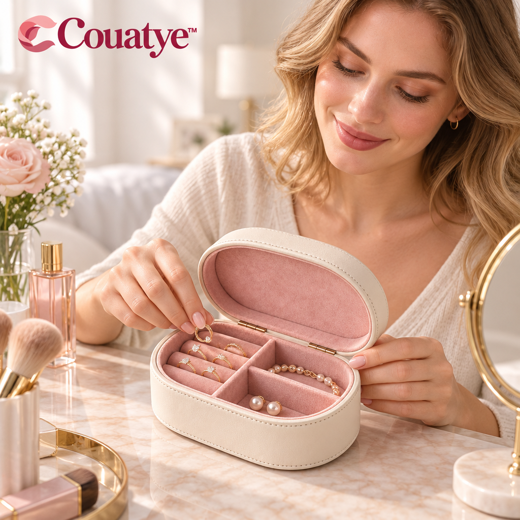 Couatye™ Oval Jewelry Organizer with Blush Lining — lifestyle scene