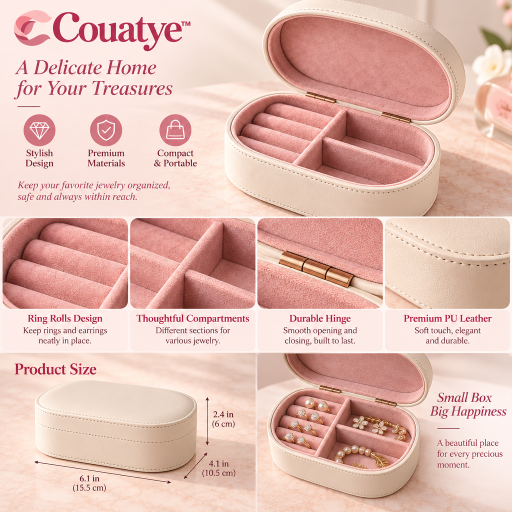 Couatye™ Oval Jewelry Organizer with Blush Lining — supplied detail graphic; claims pending verification