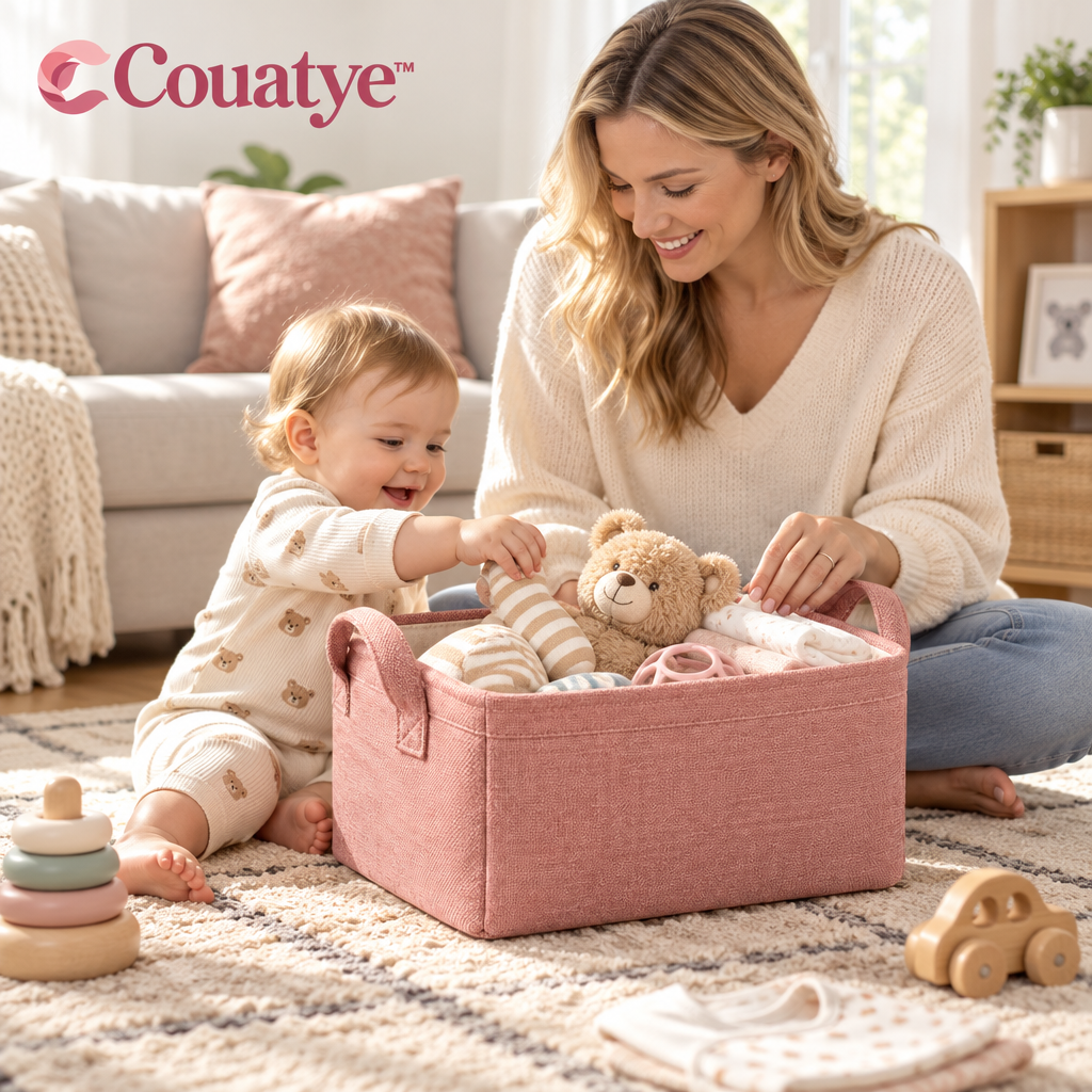 Couatye™ Dusty Rose Fabric Storage Basket with Cream Lining — lifestyle scene