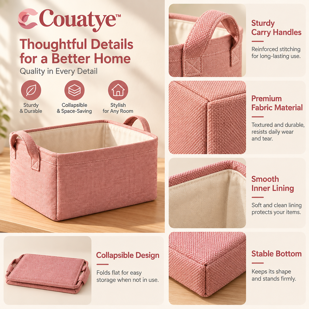 Couatye™ Dusty Rose Fabric Storage Basket with Cream Lining — supplied detail graphic; claims pending verification